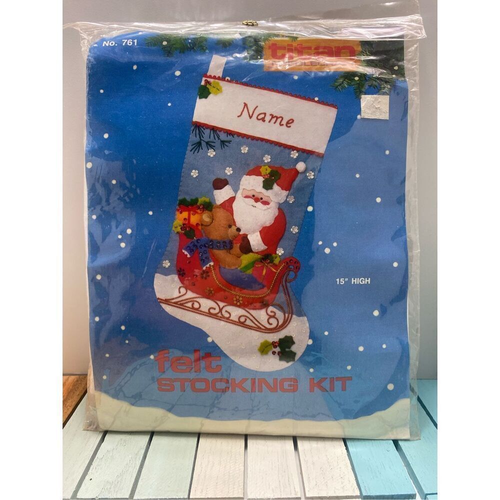 Titan Needlecraft Felt Christmas Stocking Kit #761 Santa Sleigh Teddy Bear 15” N